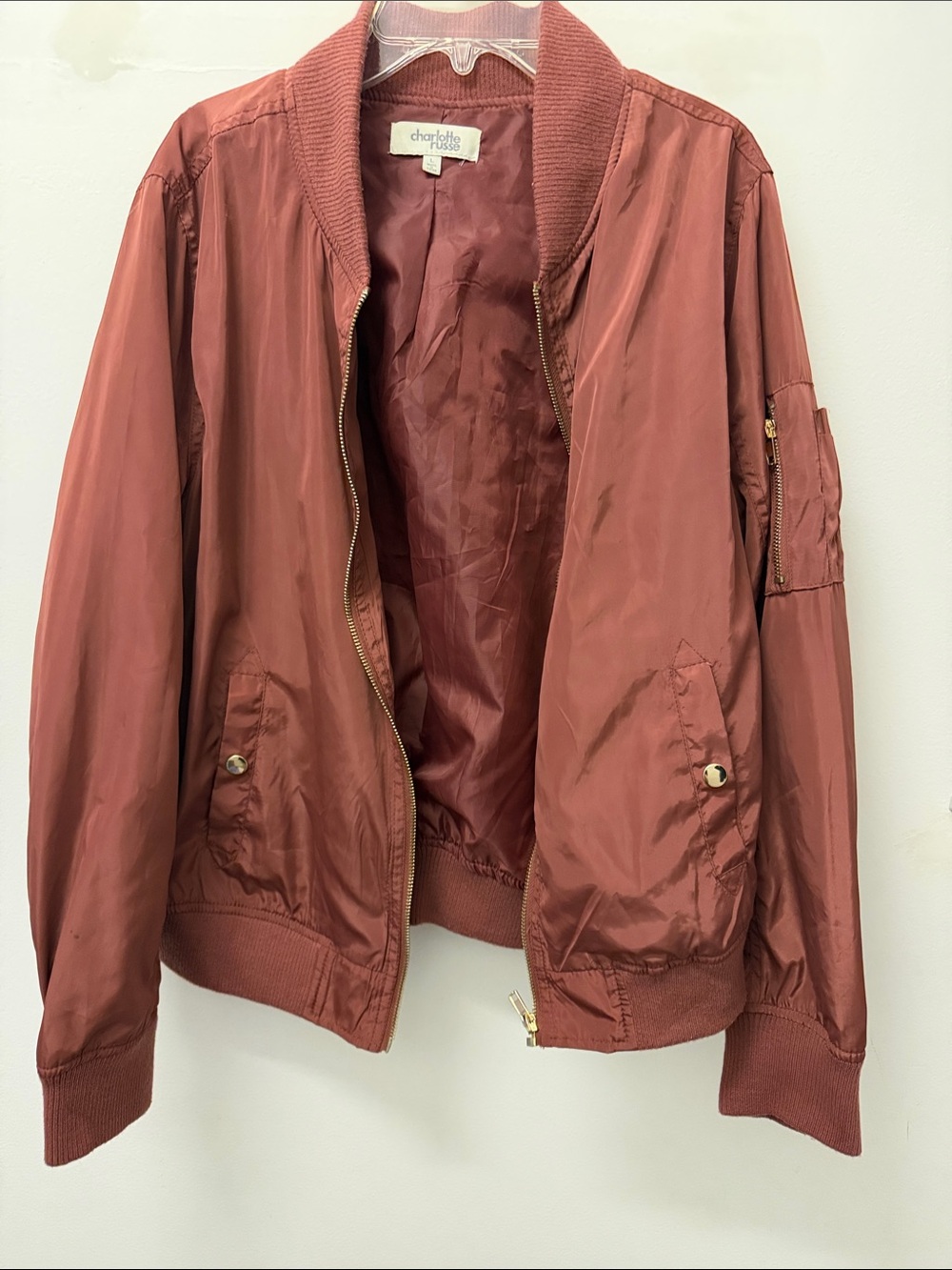 Charlotte Russe Mauve-Rust Satin Bomber Jacket
